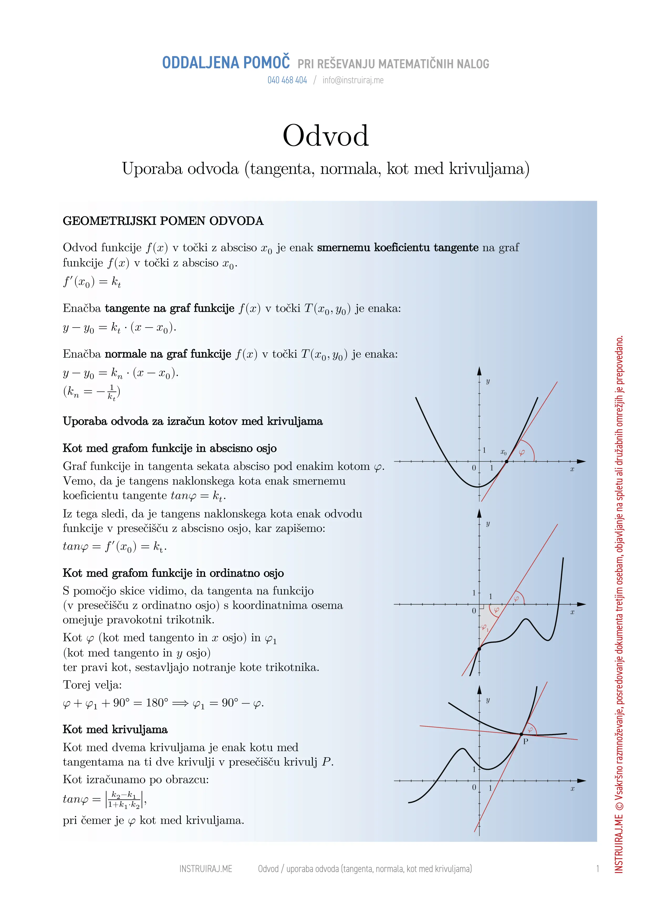 Odvod: Uporaba odvoda (tangenta, normala, kot med krivuljama)