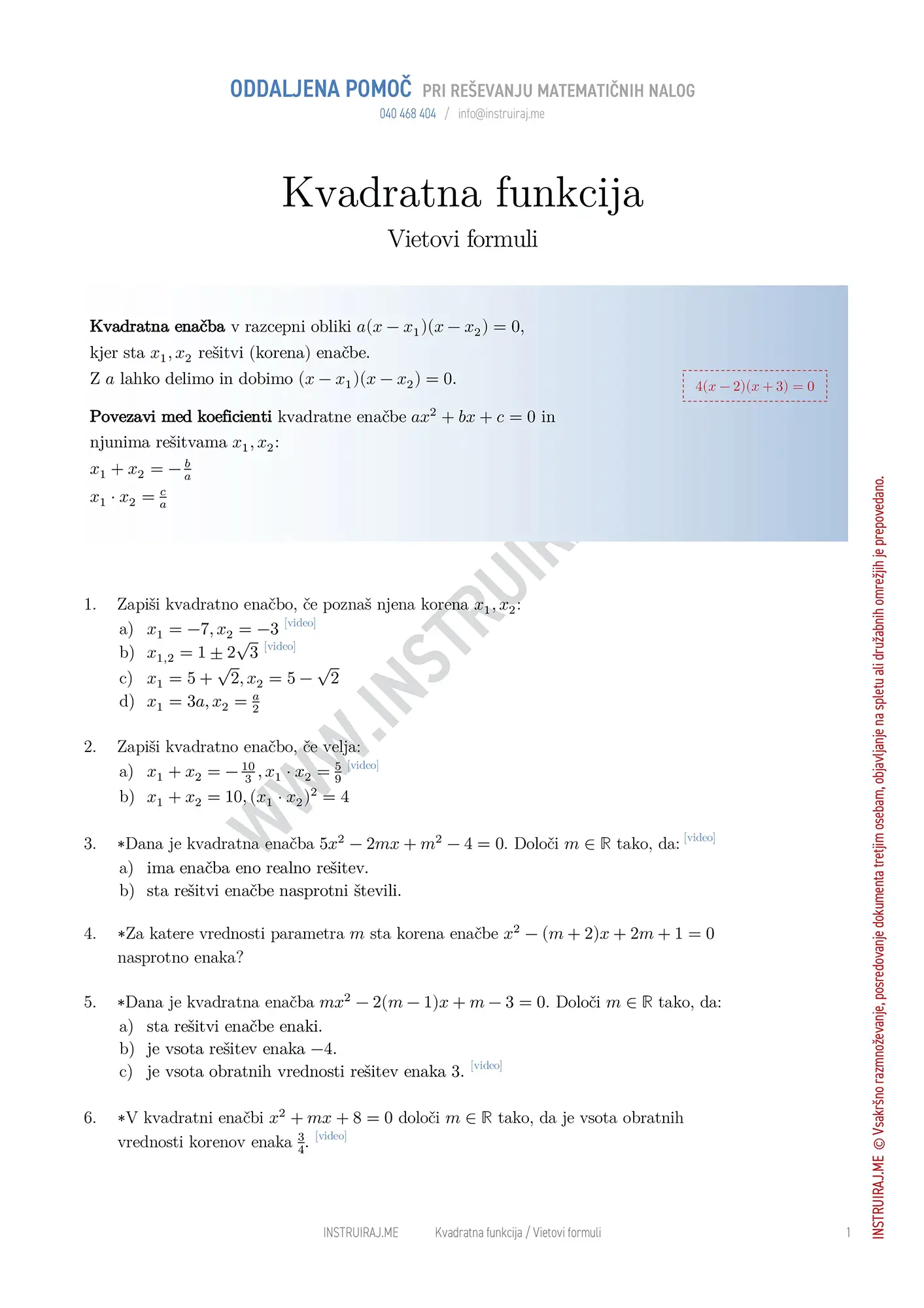Kvadratna funkcija: Vietovi formuli