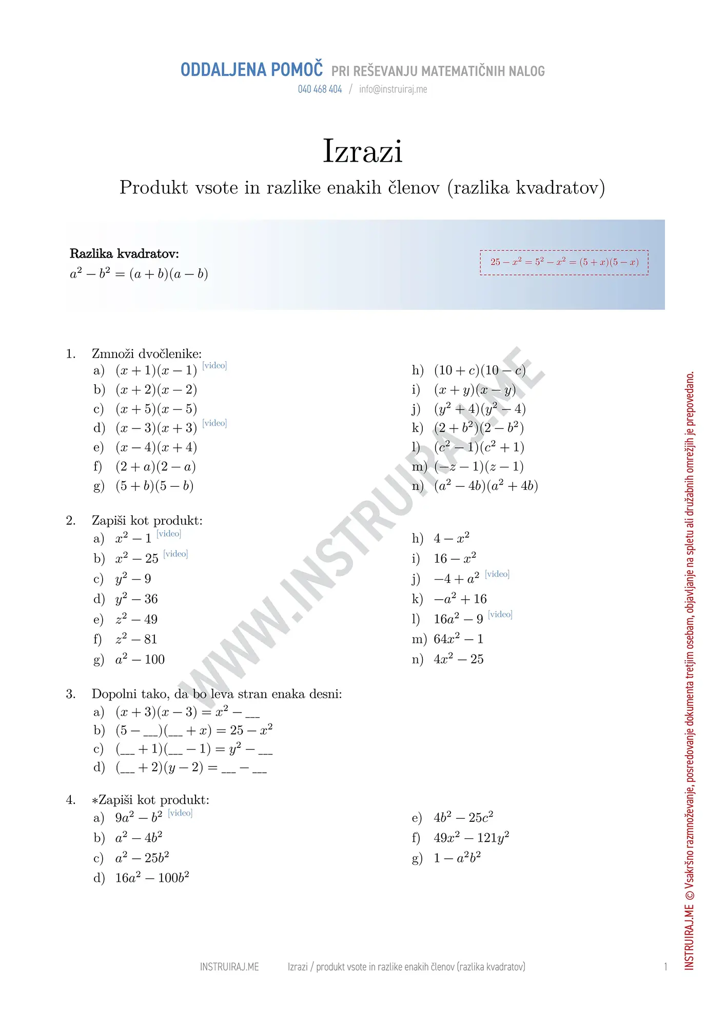 Izrazi: Produkt vsote in razlike enakih členov